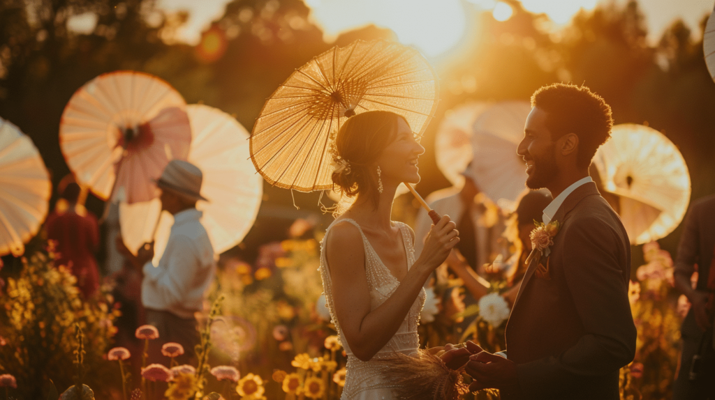 Des ombrelles en papier recyclé apportent une touche verte pour un mariage éco-responsable