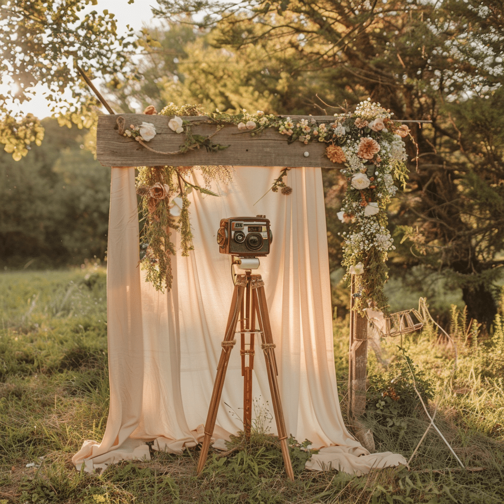 Photobooth d'anniversaire en plein air avec une ambiance vintage, composé d'un appareil photo ancien monté sur un trépied en bois.